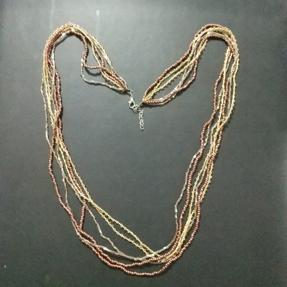 Gold and Silver Tone Brown Beaded Multi Strand Layered Statement Necklace